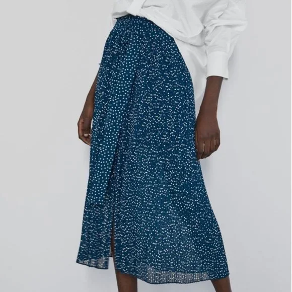 Zara Blue White Polka Dot Printed Pleated Midi Skirt Tie Belt Womens Small